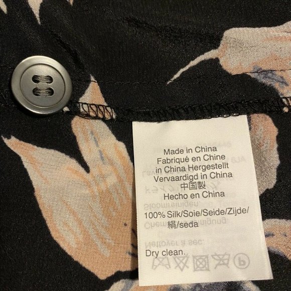 Madewell Silk Top S‎ Floral Button Back Tie Front Tee Sheer Black Pink - Picture 8 of 11